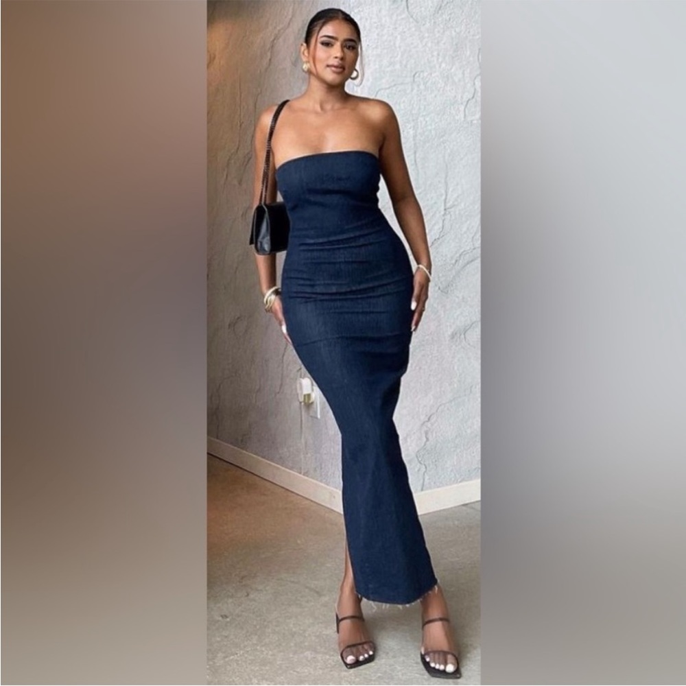 Zara STRAPLESS FITTED DENIM DRESS size med Long